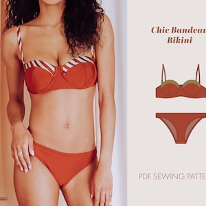 May include: A rust-colored bandeau bikini with striped accents on the top and straps. The image also includes a diagram of the bikini and the text "Chic Bandeau Bikini" and "PDF Sewing Pattern".