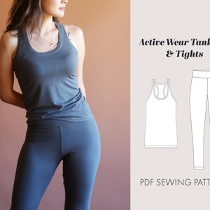 May include: A PDF sewing pattern for an activewear tank top and tights. The pattern includes a line drawing of the tank top and tights.