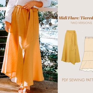 Midi Tiered/Flared Skirt Sewing Pattern Womens PDF | midi skirt pattern| high waisted skirt pattern |  Flare skirt pattern | Bias cut