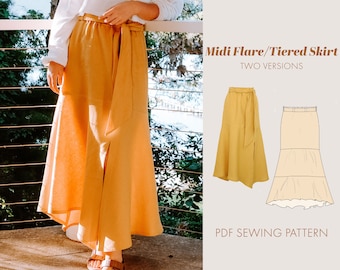 Midi gelaagde/uitlopende rok Naaipatroon dames PDF | Patroon midirok| patroon rok met hoge taille |  Wijd uitlopend rokpatroon | Biascut: