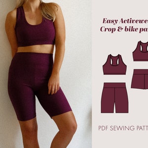 Women&#39;s easy crop top & gym shorts pdf sewing pattern | active wear pattern | sports bra pattern | gym shorts pattern | Bike Pants | Shorts