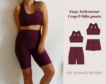 Patron de couture pdf facile d'un haut court et d'un short de sport pour femmes | modèle de vêtements de sport | modèle de soutien-gorge de sport | modèle de shorts de sport | Pantalons de vélo | Short