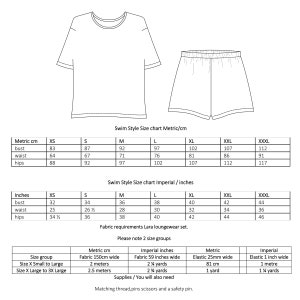 May include: Swimwear size chart in inches and centimeters. The chart includes measurements for bust, waist, and hips in both imperial and metric units. The chart also includes fabric requirements and supplies needed for sewing the swimwear.