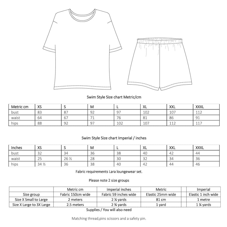 May include: Swimwear size chart in inches and centimeters. The chart includes measurements for bust, waist, and hips in both imperial and metric units. The chart also includes fabric requirements and supplies needed for sewing the swimwear.