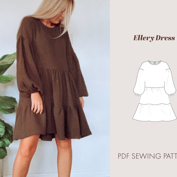 Womens Ellery dress sewing pattern | babydoll dress pattern | puff sleeve dress pattern | DIY tiered dress | long sleeve dress pattern | sew