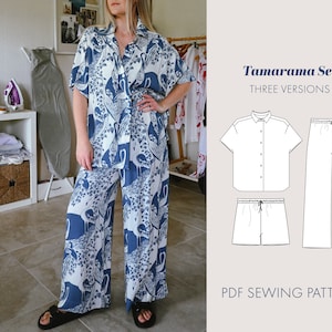 May include: A sewing pattern for a pajama set called "Tamarama Set" with three versions. The pattern includes a shirt with a collar and short sleeves and pants with a drawstring waist. The pattern is available as a PDF download.