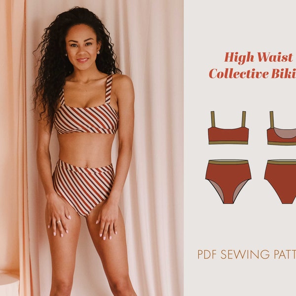 High Waist Collective Bikini Schnittmuster Damen Größe XS bis XXXL | Bikini Muster | pdf Schnittmuster | Badeanzug Muster | hoch geschnitten |