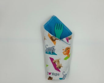 Kid's Lunchbox Napkins / Small Napkin / Cloth Wipes / Lunchbox Napkin / Reusable Napkin / Family Cloth, Set of 10 Animal Yoga Print