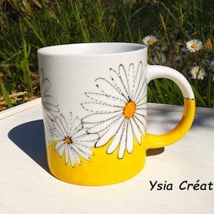 Yellow daisy porcelain mug, flower coffee cup, painted artisanal mug, yellow ceramic cup