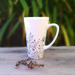XXL black and white mug 50 cl, large coffee or tea cup with flowers
