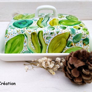Fabricante de mantequilla de cerámica verde, fabricante de mantequilla con tapa, fabricante de mantequilla pintado a mano pintado a mano