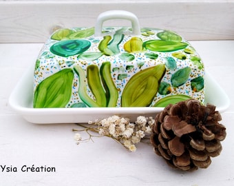 Green ceramic butter maker, butter maker with lid, hand-painted hand-painted butter maker