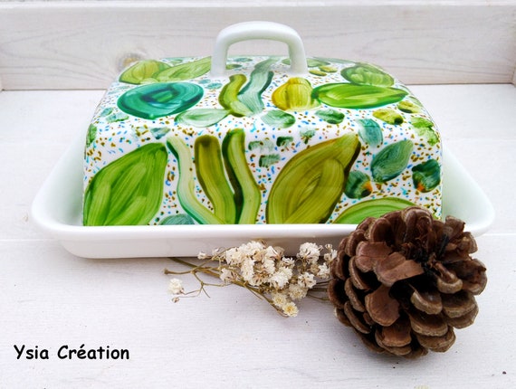 Beurrier Céramique Champignon - Avec Couvercle Et Plateau, 19x8 Cm, Vert, Décoration Cuisine