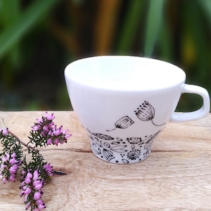 Black and white ceramic mug 21 cl, porcelain flower mug, handmade teacup