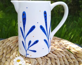 Lapis blue ceramic pitcher, 70 cl porcelain pitcher, small artisanal water pitcher, marine pattern water pitcher