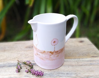 Pink and gold porcelain water pitcher, 70 cl ceramic pitcher, small artisanal water pitcher,