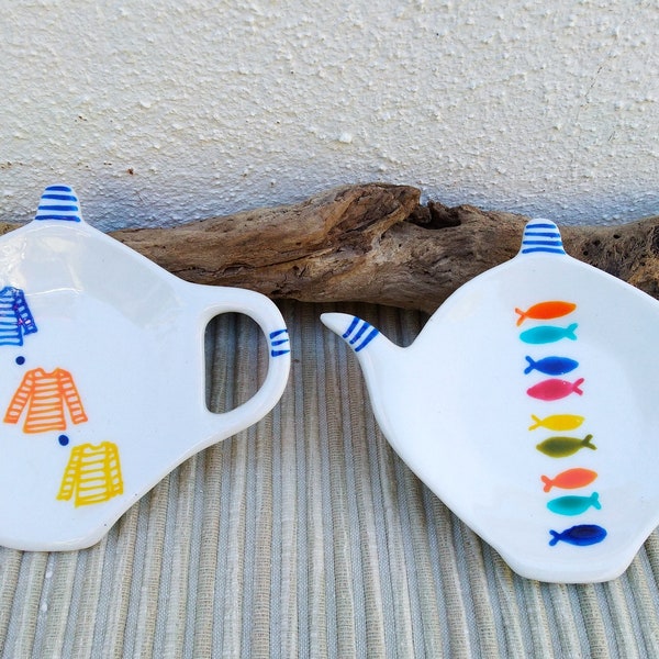 2 Tea bag rest teapot shape, multicolored fish, sailors, tea bag deposit, tea bag holder