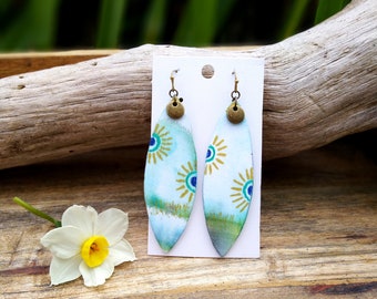 Gold turquoise green silk earrings, hand painted silk jewelry, hanging rings, designer jewelry