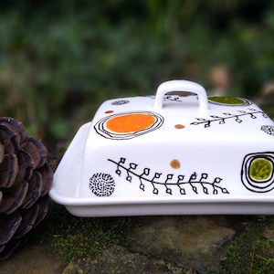 Orange and green ceramic butter dish, nature-themed artisanal butter dish, hand-painted 250 gr butter dish