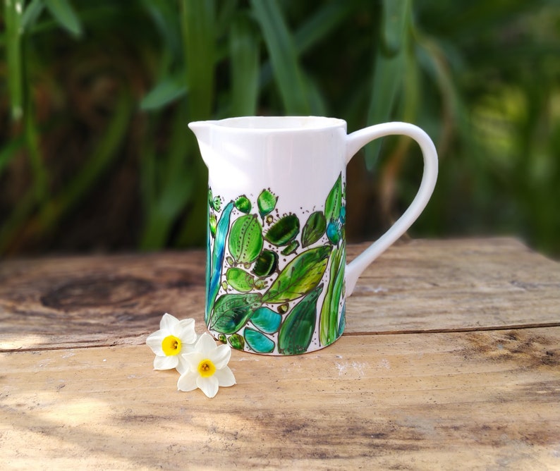 Green porcelain water pitcher, 70 cl ceramic pitcher, small artisanal water pitcher, natural pitcher image 1