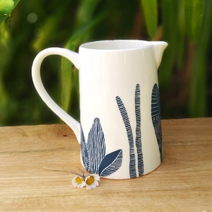 Navy blue and white porcelain water pitcher, 70 cl ceramic pitcher, small handcrafted water jug,