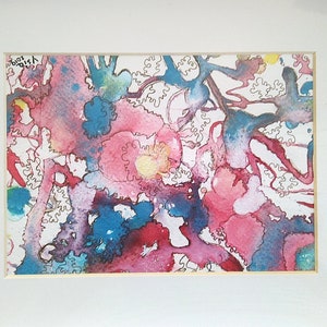 Painting Watercolor abstract flowers, original colored framed watercolor
