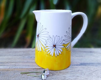 Yellow daisy porcelain pitcher, 70 cl ceramic jug, small artisanal water jug, flower vase