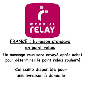 May include: A pink square with the logo "MONDIAL RELAY" and the text "FRANCE: livraison standard en point relais" below. The text below states "Un message vous sera envoy&eacute; apr&egrave;s achat pour d&eacute;terminer le point relais souhait&eacute; Colissimo disponible pour une livraison &agrave; domicile."