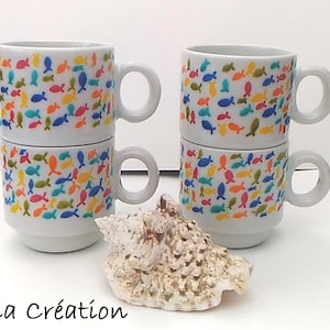 Set 4 espresso coffee cups, fish porcelain cups, hand painted coffee cups