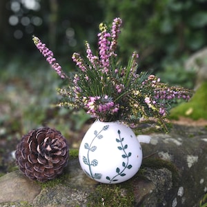 Small green and white glass ball vase, hand painted soliflore vase, interior decoration of flowers