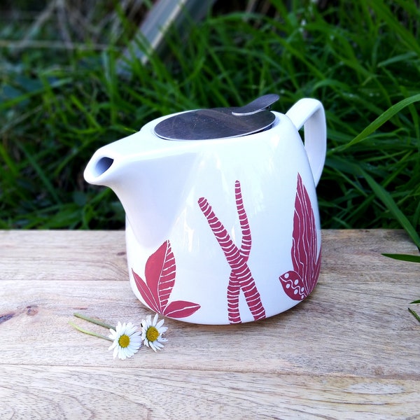 Red porcelain filter teapot, large 1 liter teapot, teapot with ceramic filter