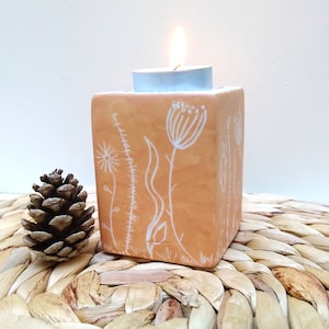 Terracotta porcelain candle holder, hand painted ceramic candle holder, square flower candle holder