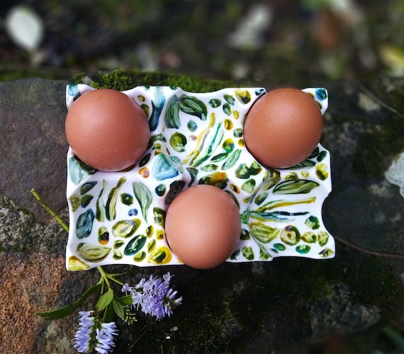 Présentoir à oeufs vert en porcelaine, rangement de cuisine pour les oeufs, plateau à oeufs