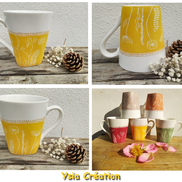 Mug céramique jaune, tasse à café fleurs, tasse à thé artisanale fleurs