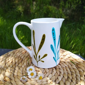 Turquoise and green ceramic pitcher, 70 cl porcelain pitcher, small artisanal water pitcher, marine pattern water pitcher