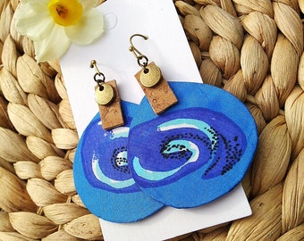 Blue and white silk earrings, spirals on silk, hand painted, designer jewelry, brass