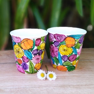 1 boho flower porcelain mug, hand-painted multicolored artisanal mug, tumbler without flower handle