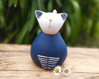 cat blue ceramic decoration, cat brittany sailor, blue animal and decorative white