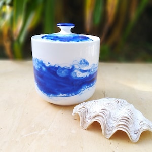 Blue and white porcelain jar for spices, salt, sugar bowl, pot with lid