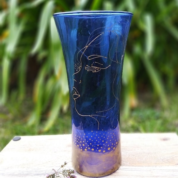 Vase visage en verre bleu et or, grand vase à fleurs, vase en verre peint main