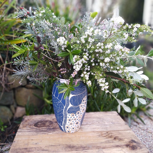 Grand vase en porcelaine bleu et or, vase grand bouquet, vase en céramique peint main