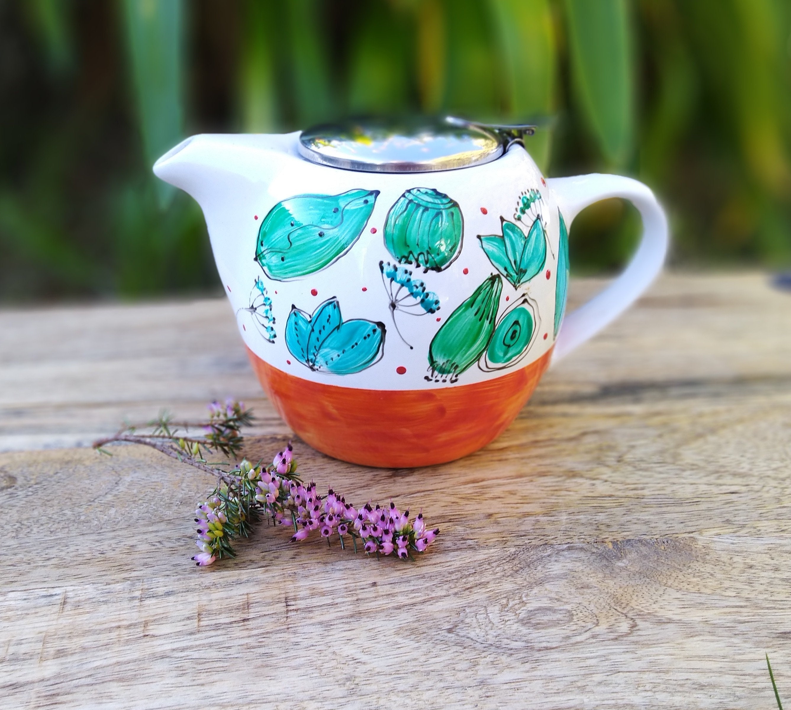 Terracotta and green porcelain teapot, 50 cl teapot with filter, plain teapot