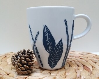 Blue porcelain mug, hand-painted coffee cup, navy blue leaf handcrafted mug