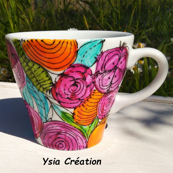 Tasse en céramique fleurs, mug porcelaine multicolore 21 cl, tasse à thé bohème