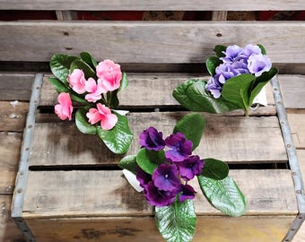 African Violet-ian Spruced Faux Flower Bush, Pink Artificial