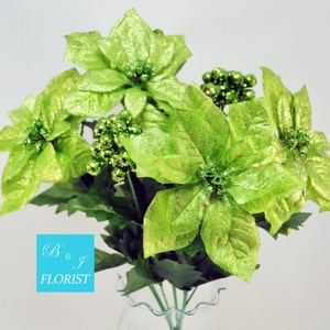 15&quot; Glitter Poinsettia Bush with Berries - Green - Artificial - 4 Flower Heads and 4 Berry Stems - Christmas Home Decor