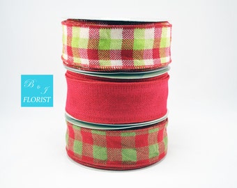 2.5" Wired Plaid Checked Burlap Ribbon - Red Green White - Wrapping Packaging DIY Wreath Bow Supplies Christmas