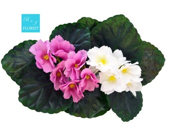 Mini Lavender & White Silk African Violet Bush  Set of 3- Table Decoration