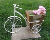 Shabby white metal tricycle stand for flowers, Vintage metal tricycle and a wooden flower pot, White metal tricycle, Retro tricycle