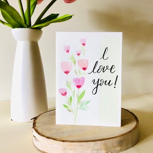Tarjeta de aniversario de acuarela pintada a mano, tarjeta de amor de acuarela para él, para ella, te amo tarjeta, tulipanes de acuarela, tarjeta del Día de la Madre